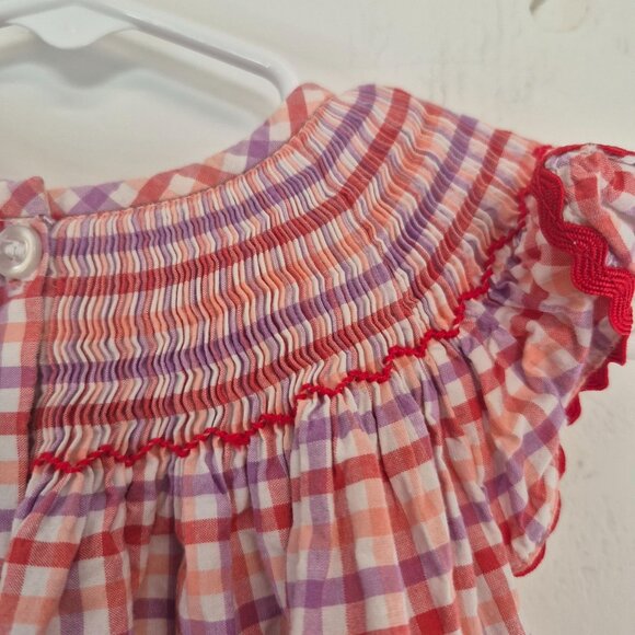 Girls Smocked Gingham Dress With Crab Embroidery & Flutter Sleeves - Picture 6 of 8